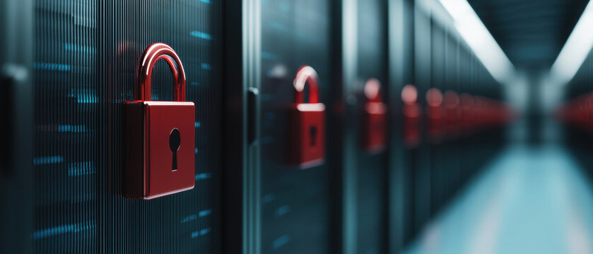 A close-up view of secured server racks featuring digital padlocks, symbolizing data security and protection in a high-tech environment.