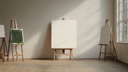 Art room filled with easels, paint, and brushes, 3D illustration