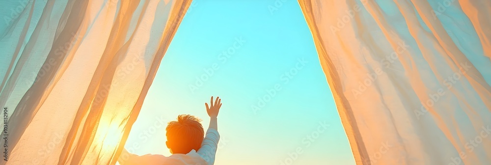 Poster sunlight streaming through sheer curtains creating a cozy and peaceful home ambiance with warm glow 