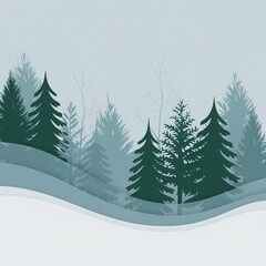 Obraz premium Stylized vector illustration of a layered paper cut winter forest landscape featuring deep green evergreen pine trees and snowy hills.