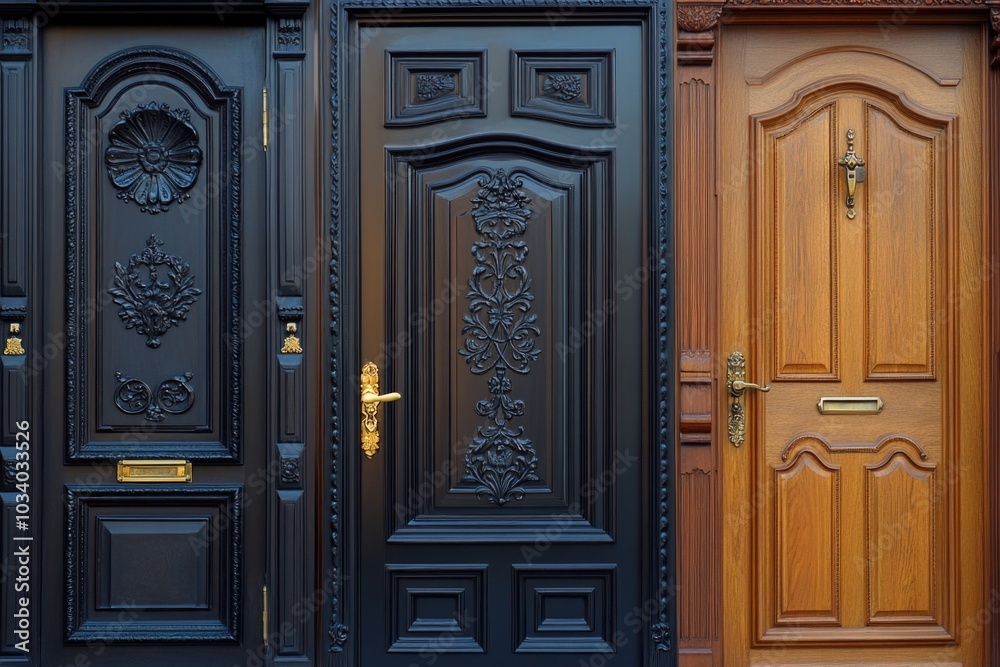 Poster Close-up shot of a wooden door with a black and brown finish