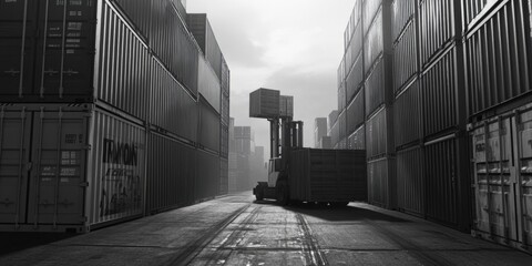 A black and white image of a forklift in an urban setting, ready to deliver goods