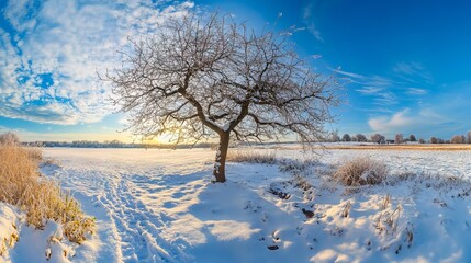 Lone tree in middle of snow covered field