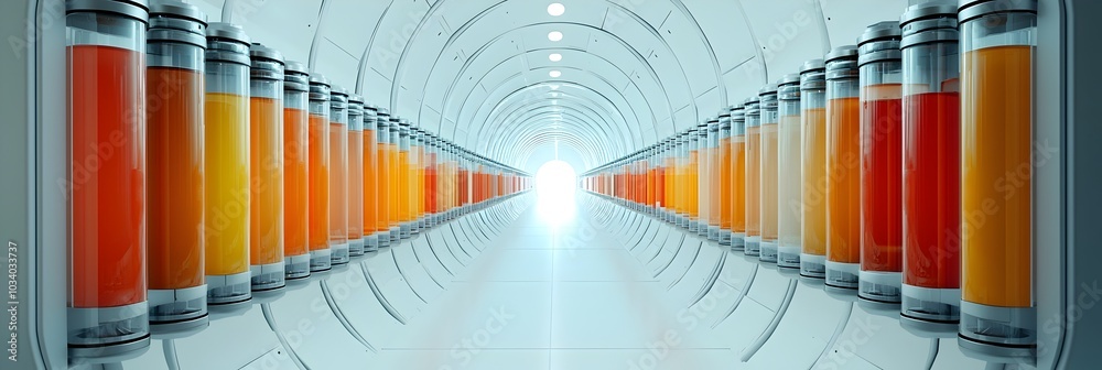 Poster symmetrically arranged medical test tubes filled with vibrant colored liquids in a professional labo