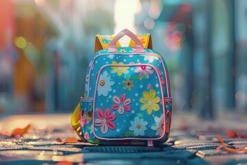 A brightly colored backpack sits on the ground, ready for adventure
