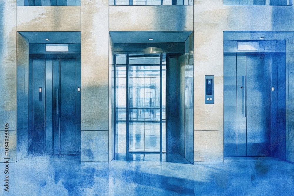 Poster architecture photo of a modern building with two elevators, suitable for real estate or infrastructu