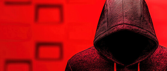 A mysterious figure in a dark hoodie stands against a red backdrop, evoking themes of anonymity and secrecy.