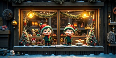 A couple of elves standing in front of a window decorated for Christmas