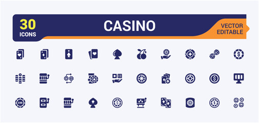 Casino related solid icons set. Containing playing cards, poker chips jackpot and more. Filled icon collection. Glyph editable symbol pack. Pixel perfect Vector illustration.