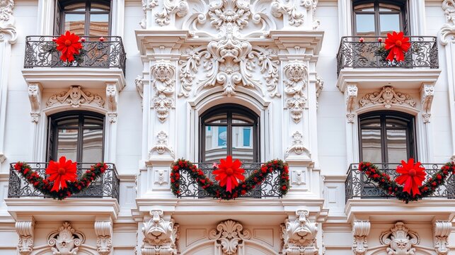 A white building with red and green wreaths on the balconies