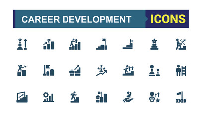 Career development solid icons set. Containing training, networking, goal setting, job rotation and more. Glyph flat icon collection. Editable and pixel perfect symbol for web and ui.