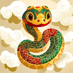 Fototapeta premium A cartoon snake in the clouds on a beige background