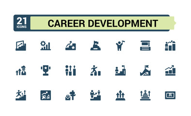 Career development solid icons set. Containing training, networking, goal setting, job rotation and more. Glyph flat icon collection. Editable and pixel perfect symbol for web and ui.