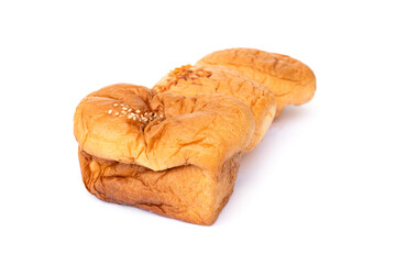 Set fluffy square and round bread with filling inside and sprinkled with white sesame seeds on the top isolated on white background.