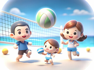 Bokeh Digital Art Scene of a Family Enjoying Beach Volleyball � Dynamic Teamwork and Fun with Blurred Background for Sports Themes