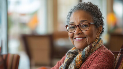 A woman smiling brightly while enjoying a conversation during a cozy afternoon at a café with warm lighting