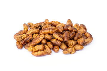 Food for pet. Dried Silkworm Pupae high protein supplements for pets suitable as a snack for sugar glider, squirrel, chipmunk, fish and reptiles etc isolated on white background.