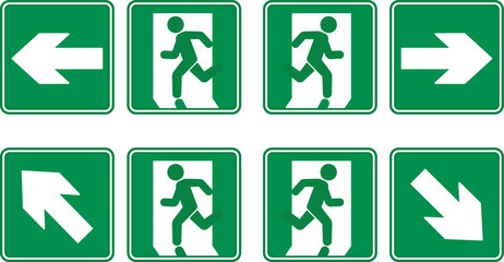 Green Emergency Exit Signs. Vector Icons. Man Running to Door Left, Right, Up and Down. Warning Sign, Emergency Evacuation Symbol