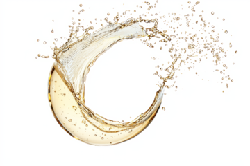 A circular champagne splash, sparkling and forming a delicate breeze in mid-air, on a white background