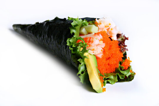 California Temaki Crabstick, Asparagus, Cucumber and Ebiko wrapped in Cone of Dried Seaweed with Spicy Mayonnaise 