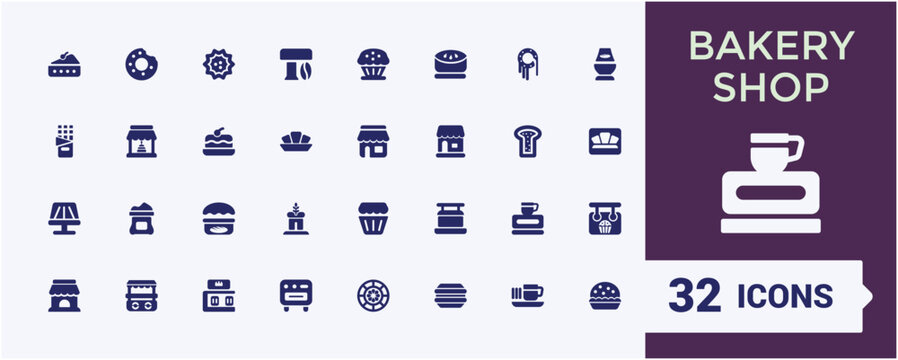 Bakery shop solid icons set. collection of cake, croissant, cupcake, stove, mixer, bakery ingredients and more. Filled icon for web and ui. glyph editable and pixel perfect symbol pack.