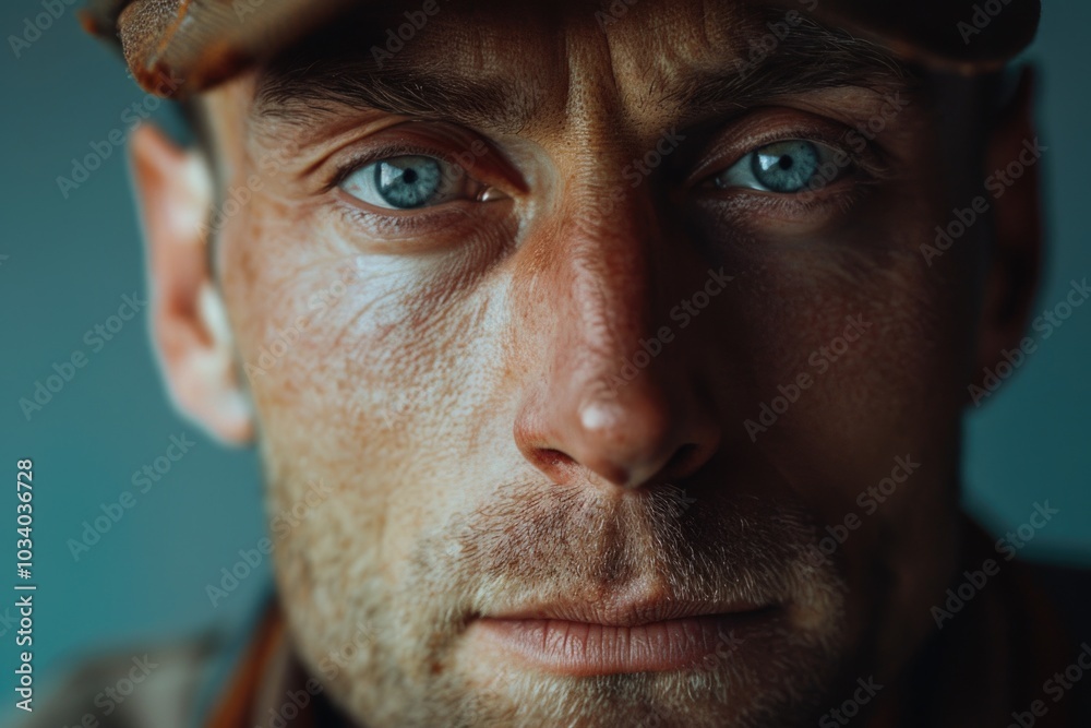 Poster a close-up shot of a man wearing a hat, ideal for use as a portrait or focus on facial features