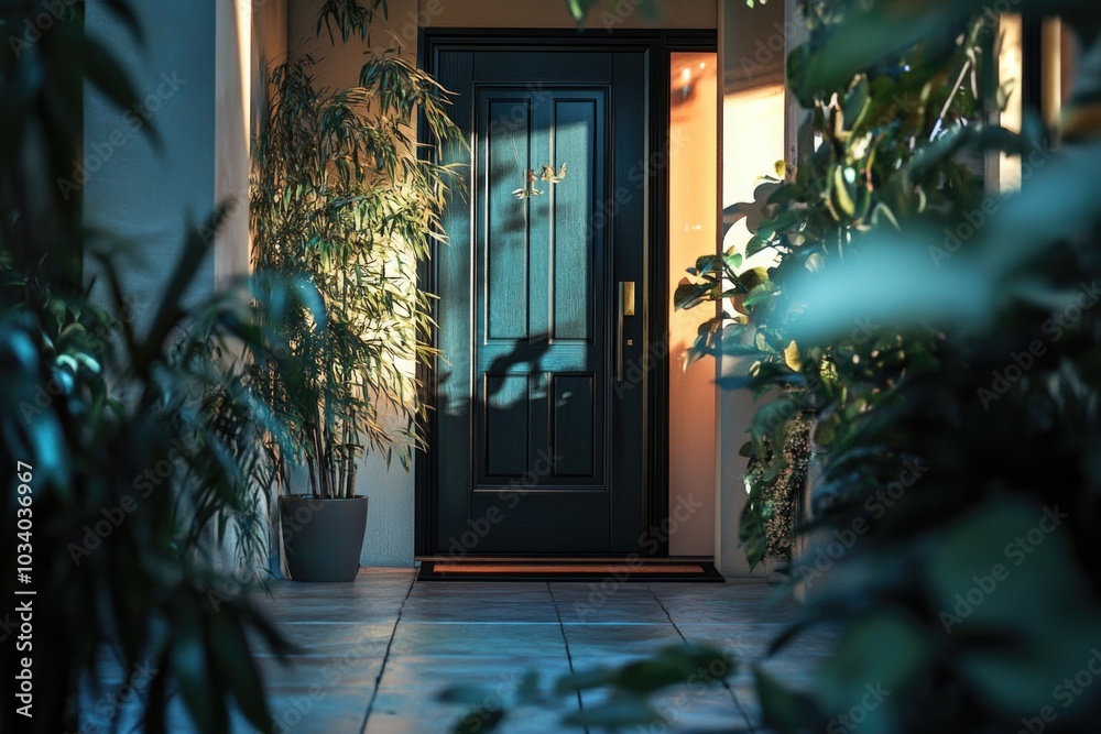 Aufkleber A simple front door with a small plant in front, perfect for use as a standalone image or part of a larger scene