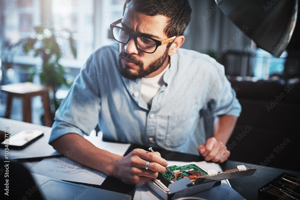 Poster Remote work from home, engineering and man with robotics, improvement and thinking in workspace. Employee, consultant and specialist with equipment, solution and innovation with problem solving