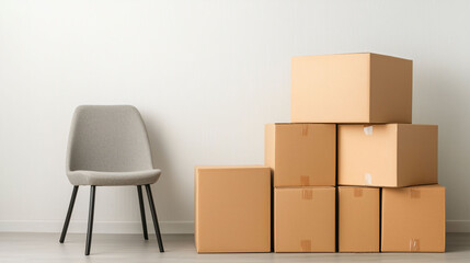 stack of cardboard boxes is neatly arranged next to modern gray chair against plain wall, creating minimalist and organized atmosphere. This setup is ideal for office relocation or storage solution
