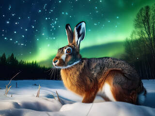 Feldhase in einer kalten Winternacht auf einem verschneiten Feld mit einer gr&uuml;nen, tanzenden Aurora