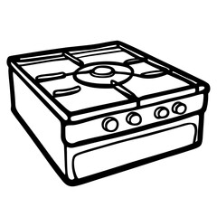 A stove with a black handle and four knobs. The stove is white and has a black handle