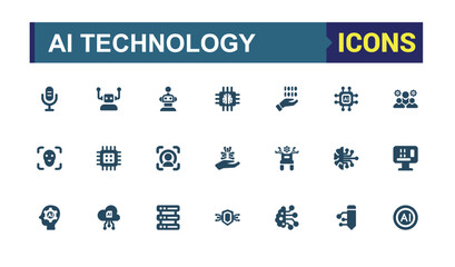 AI technology solid icons set. Collection of Artificial intelligence, connection, networking and more. Editable filled icon pack. Pixel perfect. Glyph Vector illustration.