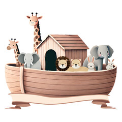 Obraz premium Dieses charmante Motiv zeigt eine süße Arche Noah, gefüllt mit Giraffen, Elefanten, Löwen, Hasen und weiteren Tieren. Perfekt für Fans von liebevoll gestalteten Tierillustrationen.