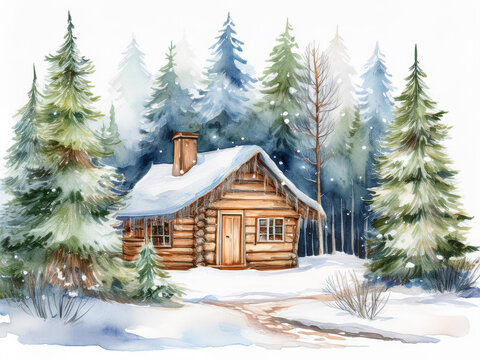 Gem&uuml;tliche Holzh&uuml;tte im verschneiten Winterwald, Aquarell