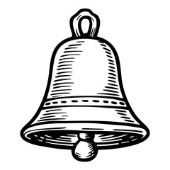 A bell is drawn in black and white. The bell is large and has a white handle. The bell is hanging from a chain