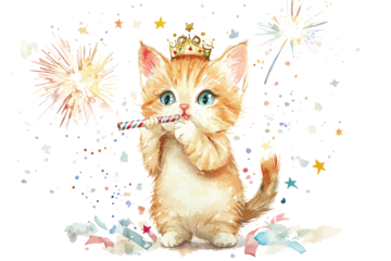 A cute kitten in a tiara blows a festive horn in anticipation of the New Year.