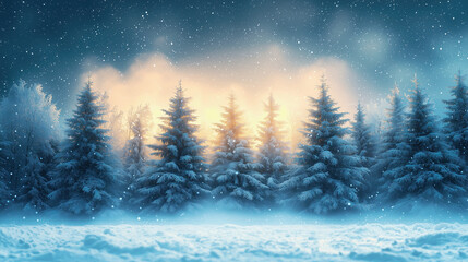 Fototapeta premium Winter forest with snow-covered trees, soft snowflakes falling from the sky, perfect for outdoor or seasonal winter advertising.