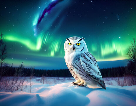 Eine Schneeeule sitzt unter einer Aurora auf einem verschneiten Feld