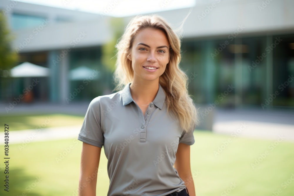 Sticker Portrait of a blissful woman in her 30s wearing a breathable golf polo over modern university campus background