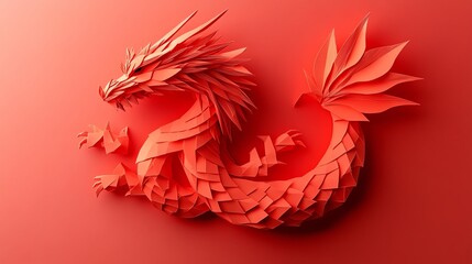 Obraz premium Paper cut origami dragon, intricate folded silhouette, 3D illustration