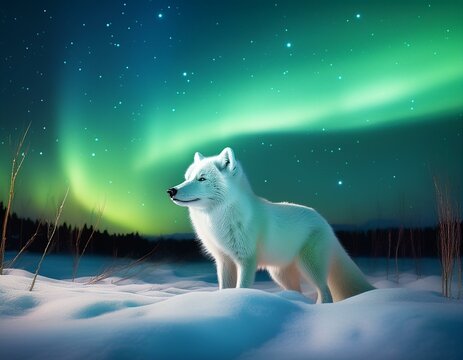 Polarfuchs unter einer gr&uuml;nen Aurora in einer Winternacht