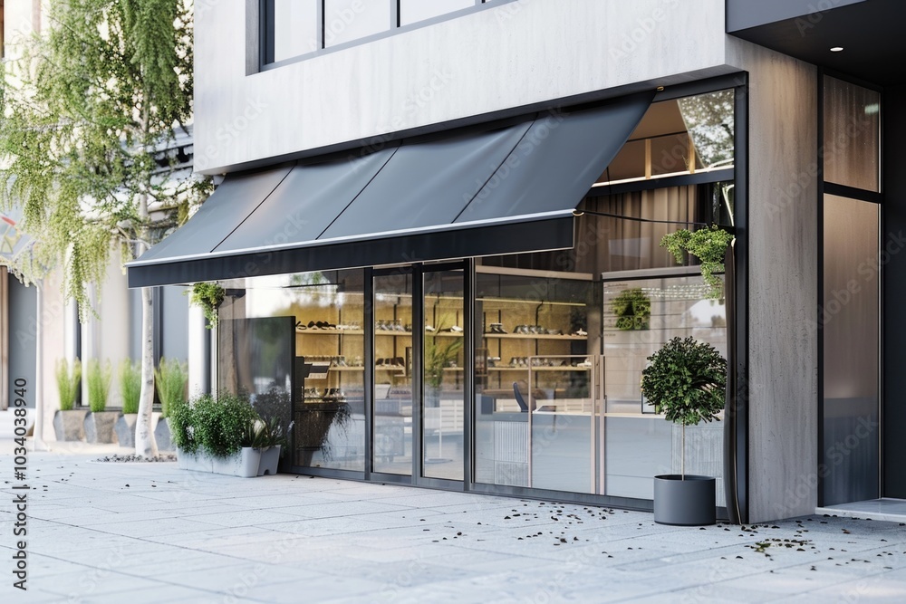 Poster a storefront with a black awning and a planter on the sidewalk