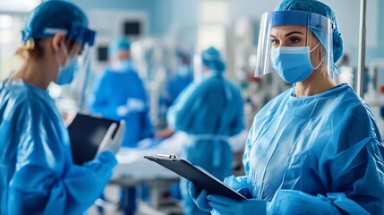 Medical professionals in protective gear attending to patients in a hospital during a health crisis