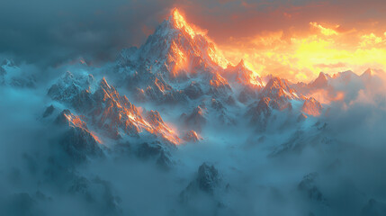 Fototapeta premium Mountain peaks covered in mist at sunrise, with soft golden light breaking through the clouds, ideal for travel or outdoor adventure ads.