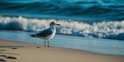 Fototapeta premium A lone seagull stands vigilantly on the shore as ocean waves gently reach the beach, symbolizing peace.