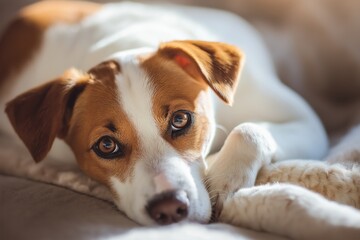 A cute dog with soulful eyes lounges calmly, exuding comfort and serene affection.