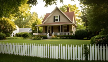 A quaint suburban house with a white picket fence and a lush green lawn.