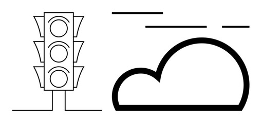 Simple line drawing of a traffic light and a cloud. Ideal for urban planning, transportation, weather forecasting, minimalistic art, and educational materials. Black and white style