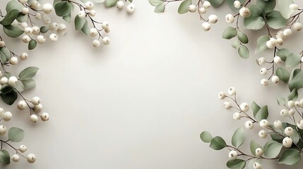 Delicate watercolor mistletoe branches, soft greens and white berries, floating on a light gray background, seamless pattern