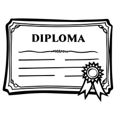 A diploma is shown with a ribbon on it. The diploma is white and the ribbon is gold